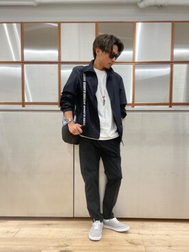 「コラボレーション」｜「アイテム（ブルゾン）」を使った、京都くんさん（メンズ・172cm）の秋コーディネート