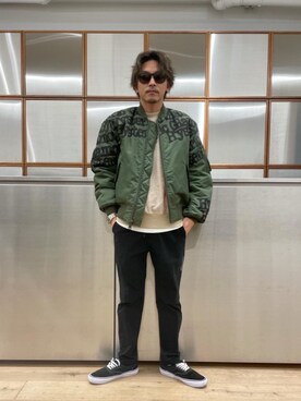 「HYSTERIC GLAMOUR（ヒステリックグラマー）のアイテム（MA-1）」を使った、京都くんさん（メンズ・172cm）の秋コーディネート