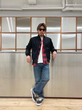「コラボレーション」｜「アイテム（ブルゾン）」を使った、京都くんさん（メンズ・172cm）の冬コーディネート