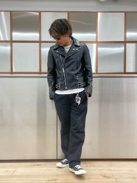 「HYSTERIC GLAMOUR（ヒステリックグラマー）のアイテム（ライダースジャケット）」を使った、京都くんさん（メンズ・172cm）の冬コーディネート