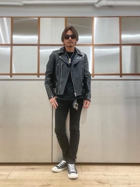 「HYSTERIC GLAMOUR（ヒステリックグラマー）のアイテム（ライダースジャケット）」を使った、京都くんさん（メンズ・172cm）の春コーディネート