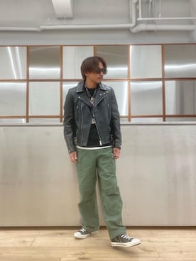 「HYSTERIC GLAMOUR（ヒステリックグラマー）のアイテム（ライダースジャケット）」を使った、京都くんさん（メンズ・172cm）の春コーディネート