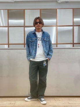「70'sコーデ」｜「アイテム（デニムジャケット）」を使った、京都くんさん（メンズ・172cm）の夏コーディネート