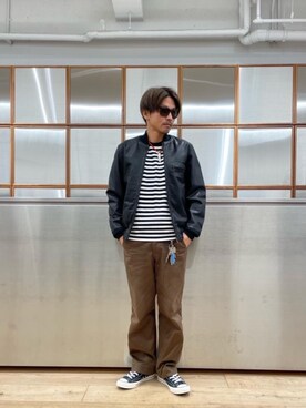 「レザーコーデ」｜「アイテム（ブルゾン）」を使った、京都くんさん（メンズ・172cm）の秋コーディネート