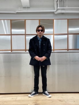 「スキニー」｜「アイテム（ピーコート）」を使った、京都くんさん（メンズ・172cm）の冬コーディネート