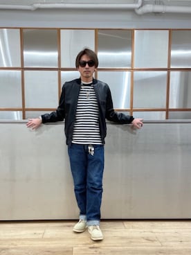 「レザーコーデ」｜「アイテム（ブルゾン）」を使った、京都くんさん（メンズ・172cm）の冬コーディネート
