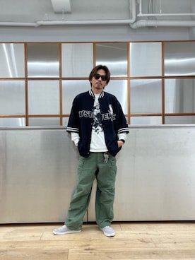 「ワイドパンツ 」｜「アイテム（その他アウター）」を使った、京都くんさん（メンズ・172cm）の春コーディネート