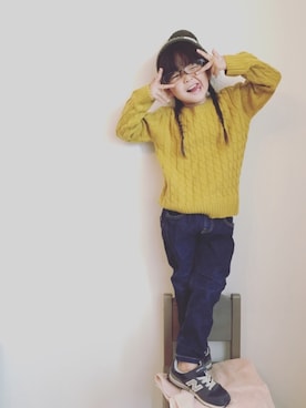 「MARKEY'S（マーキーズ）のケーブルニット(XS～L)（ニット/セーター、イエロー系）」を使った、peachさん（キッズ）の秋コーディネート