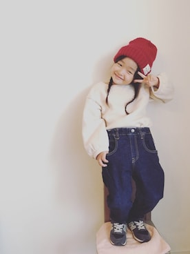 「CIAOPANIC TYPY（チャオパニックティピー）のボリュームスリーブスウェット（Tシャツ/カットソー、ベージュ系）」を使った、peachさん（キッズ）の秋コーディネート