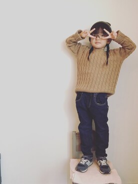 「MARKEY'S（マーキーズ）のケーブルニット(XS～L)（ニット/セーター、イエロー系）」を使った、peachさん（キッズ）の秋コーディネート