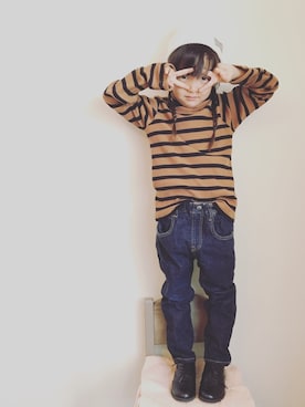 「b・ROOM（ビールーム）のテレコボーダータートル長袖Tシャツ（Tシャツ/カットソー、イエロー系）」を使った、peachさん（キッズ）の秋コーディネート