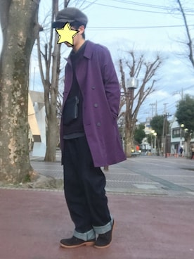 「アイテム（トレンチコート、パープル系）」を使った、りょうめがねくろぶちさん（メンズ・171cm）の冬コーディネート