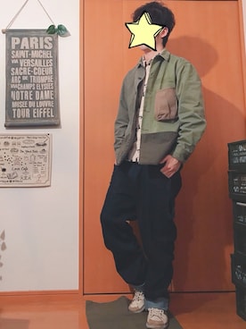 「Re（アールイー）のアイテム（ジャケット/アウター）」を使った、りょうめがねくろぶちさん（メンズ・171cm）の春コーディネート