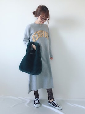 「ロゴワンピース」｜「アイテム（アクセサリー）」を使った、memeさん（レディース・158cm）の冬コーディネート