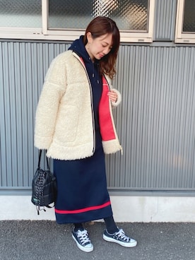 「Champion（チャンピオン）のアイテム（ノーカラージャケット）」を使った、memeさん（レディース・158cm）の冬コーディネート