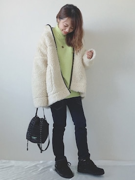 「Champion（チャンピオン）のアイテム（ノーカラージャケット）」を使った、memeさん（レディース・158cm）の冬コーディネート