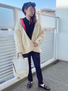 「Champion（チャンピオン）のアイテム（ノーカラージャケット）」を使った、memeさん（レディース・158cm）の冬コーディネート