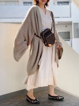 「antiqua（アンティカ）のニットカーディガン（カーディガン/ボレロ）」を使った、memeさん（レディース・158cm）の冬コーディネート