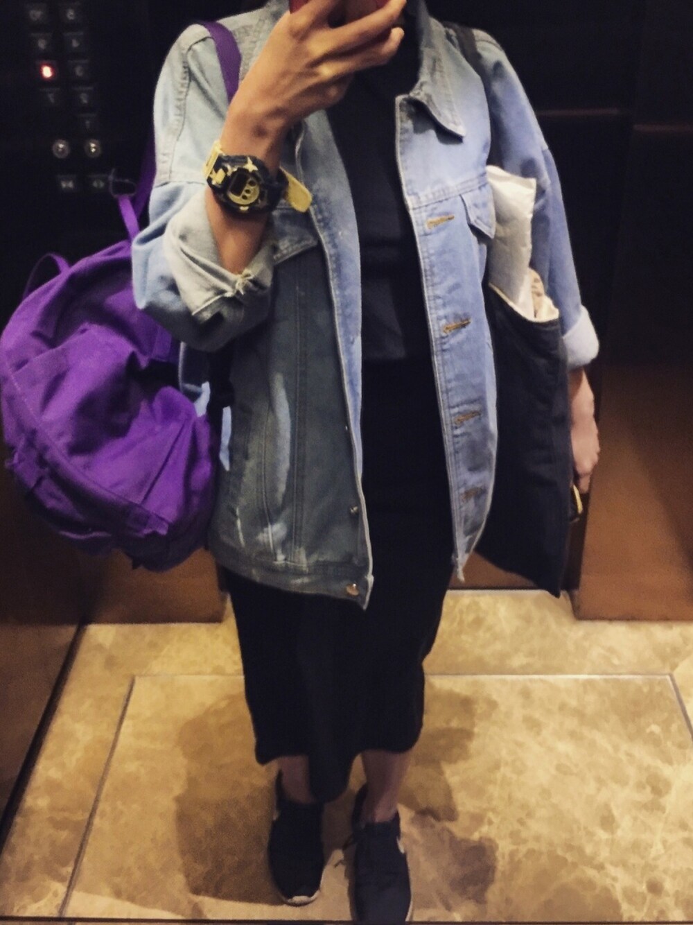 「sporty、casual、FJALLRAVENKANKEN、backpack、purple、gshock、demin、TOPSHOP、blackdress、PaulSmith」｜「G-SHOCKのアイテム（アナログ腕時計、ブルー系）」を使った、MMさん（レディース・157cm）の春コーディネートの1枚目の写真