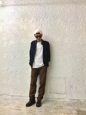 「フランネルシャツ」｜「アイテム（キャップ）」を使った、Yasuhiro Tsushimaさん（メンズ・165cm）の秋コーディネート