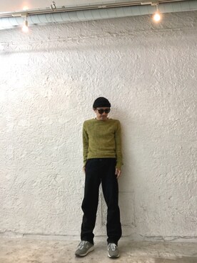 「Needles（ニードルス）のアイテム（ニット/セーター、グリーン系）」を使った、Yasuhiro Tsushimaさん（メンズ・165cm）の冬コーディネート