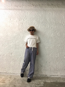 「MARGARET HOWELL（マーガレットハウエル）のアイテム（その他パンツ、ブルー系）」を使った、Yasuhiro Tsushimaさん（メンズ・165cm）の春コーディネート