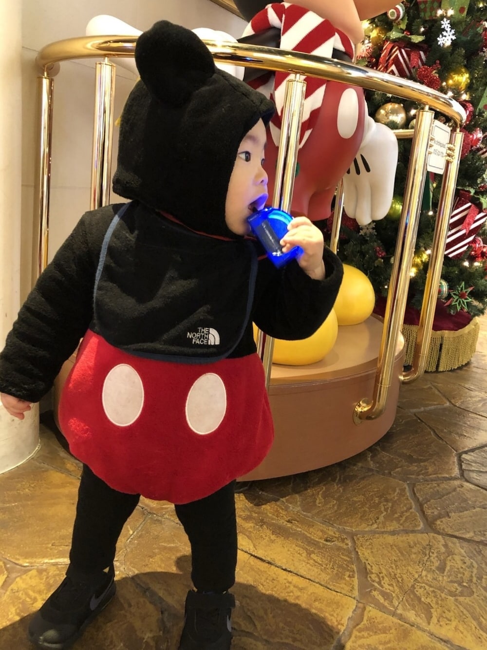 「男の子、０歳、ディズニー、ディズニーコーデ、キッズコーデ」｜「THE NORTH FACEのアイテム（スタイ/よだれかけ、ブラック系）」を使った、RIRIさん（キッズ・70cm）の冬コーディネートの1枚目の写真