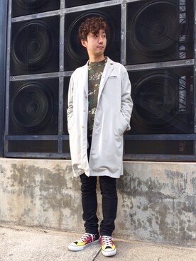 「HYSTERIC GLAMOUR（ヒステリックグラマー）のアイテム（ステンカラーコート）」を使った、HIDEさん（メンズ・172cm）の春コーディネート