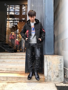 「HYSTERIC GLAMOUR（ヒステリックグラマー）のSYNTHETIC LEATHER 裾ZIPスリムパンツ（その他パンツ）」を使った、HIDEさん（メンズ・172cm）の秋コーディネート