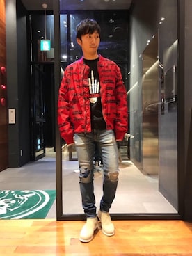 「HYSTERIC GLAMOUR（ヒステリックグラマー）のアイテム（MA-1）」を使った、HIDEさん（メンズ・172cm）の冬コーディネート