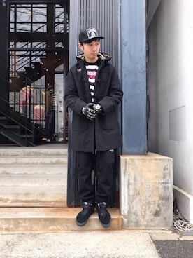 「HYSTERIC GLAMOUR（ヒステリックグラマー）のHYS WHISKY柄 刺繍キャップ（キャップ）」を使った、HIDEさん（メンズ・172cm）の冬コーディネート