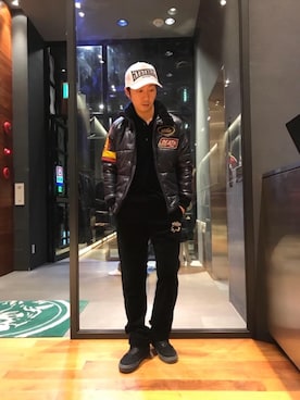 「ベロア」｜「アイテム（ダウンジャケット/コート）」を使った、HIDEさん（メンズ・172cm）の冬コーディネート