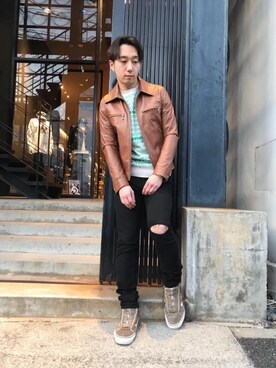 「hystericglamour」｜「アイテム（ライダースジャケット）」を使った、HIDEさん（メンズ・172cm）の冬コーディネート