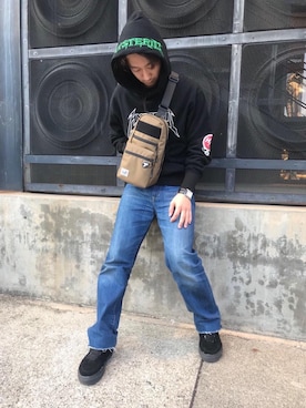 「HYSTERIC GLAMOUR（ヒステリックグラマー）のMETAL LOGO プリント パーカー（パーカー）」を使った、HIDEさん（メンズ・172cm）の冬コーディネート