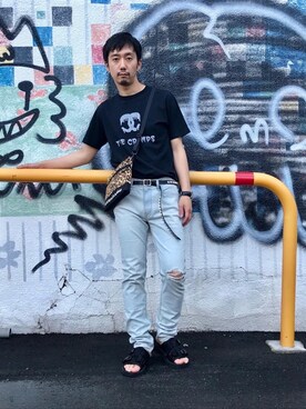 「スタッズベルト」｜「アイテム（バッグ）」を使った、HIDEさん（メンズ・172cm）の夏コーディネート