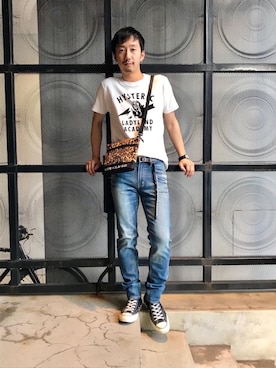 「スタッズベルト」｜「アイテム（バッグ）」を使った、HIDEさん（メンズ・172cm）の夏コーディネート