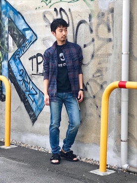 「スタッズベルト」｜「アイテム（ジャケット/アウター）」を使った、HIDEさん（メンズ・172cm）の夏コーディネート