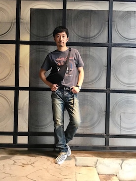「スタッズベルト」｜「アイテム（バッグ）」を使った、HIDEさん（メンズ・172cm）の夏コーディネート