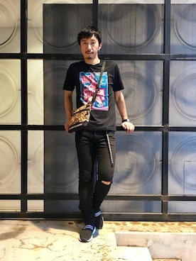 「スタッズベルト」｜「アイテム（バッグ）」を使った、HIDEさん（メンズ・172cm）の夏コーディネート
