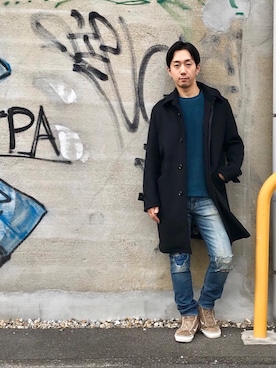 「HYSTERIC GLAMOUR（ヒステリックグラマー）のアイテム（ステンカラーコート）」を使った、HIDEさん（メンズ・172cm）の秋コーディネート