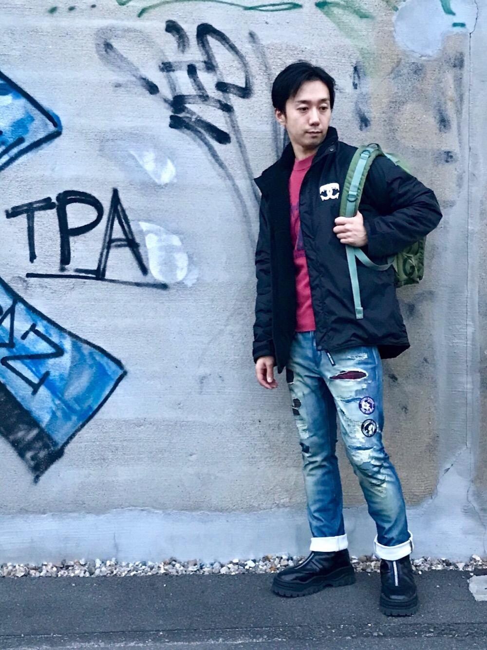 「シンプル、リュック、ボア、PORTER、冬コーデ、大人カジュアル、ポーター、Hysteric Glamour、バッグパック、ヒステリックグラマー」｜「HYSTERIC GLAMOURのHYSTERIC CLUB プルオーバー（ニット/セーター、ピンク系）」を使った、HIDEさん（メンズ・172cm）の秋コーディネートの1枚目の写真