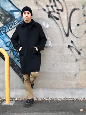 「HYSTERIC GLAMOUR（ヒステリックグラマー）のアイテム（ステンカラーコート）」を使った、HIDEさん（メンズ・172cm）の冬コーディネート