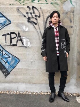 「HYSTERIC GLAMOUR（ヒステリックグラマー）のアイテム（ステンカラーコート）」を使った、HIDEさん（メンズ・172cm）の冬コーディネート
