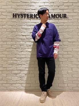 「HYSTERIC GLAMOUR（ヒステリックグラマー）のGIRLS BORDER総柄ジャカード リブ付Tシャツ（Tシャツ/カットソー）」を使った、HIDEさん（メンズ・172cm）の秋コーディネート