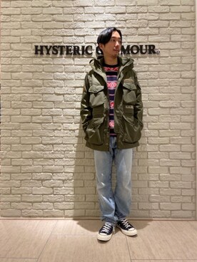 「HYSTERIC GLAMOUR（ヒステリックグラマー）のGIRLS BORDER総柄ジャカード リブ付Tシャツ（Tシャツ/カットソー）」を使った、HIDEさん（メンズ・172cm）の秋コーディネート