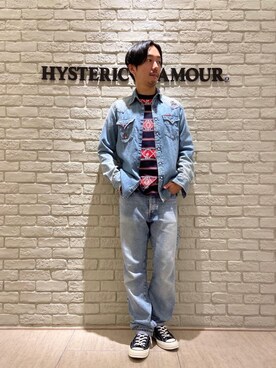 「HYSTERIC GLAMOUR（ヒステリックグラマー）のGIRLS BORDER総柄ジャカード リブ付Tシャツ（Tシャツ/カットソー）」を使った、HIDEさん（メンズ・172cm）の秋コーディネート