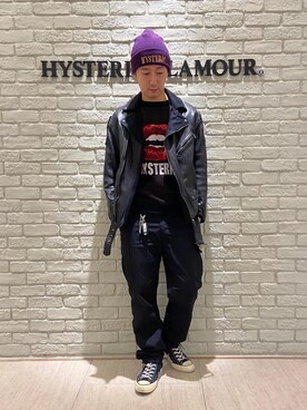「ニットキャップ」｜「アイテム（ライダースジャケット）」を使った、HIDEさん（メンズ・172cm）の冬コーディネート