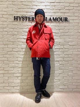 「アイテム（ミリタリージャケット、レッド系）」を使った、HIDEさん（メンズ・172cm）の冬コーディネート