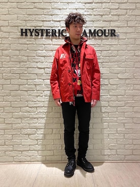 「アイテム（ミリタリージャケット、レッド系）」を使った、HIDEさん（メンズ・172cm）の冬コーディネート