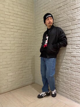 「ニットキャップ」｜「アイテム（スタジャン）」を使った、HIDEさん（メンズ・172cm）の冬コーディネート